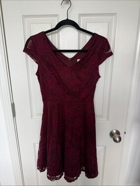 V-Neck Lace Fit & Flare Dress in Burgundy